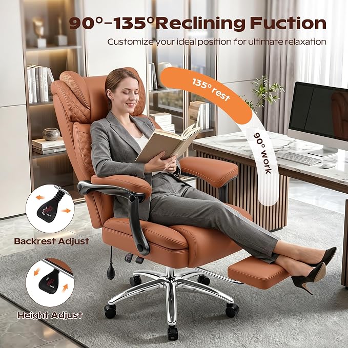 Office Chair, Ergonomic Desk Chair with Adjustable Lumbar Support for Back Pain, Extra Wide 400LBS Comfy Big and Tall Office Chair with Footrest, Executive Leather Computer Game Chair for Heavy People
