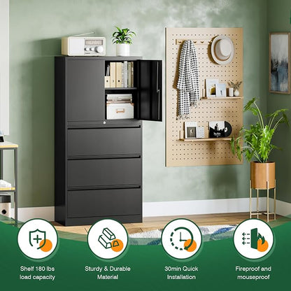 Letaya 3 Drawer Metal Storage Cabinets for Home Office,File Cabinet with Lock and 2 Adjust Shelves-Hang Filing Legal/Letter/A4/F4 Size（Black