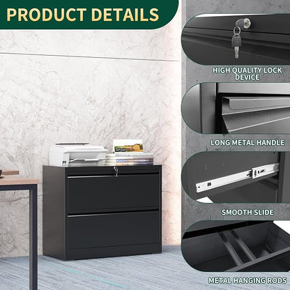 2 Drawer Lateral File Cabinet with Lock, Metal Lateral File Cabinets for Home Office, Steel Heavy-Duty Filing Storage Cabinet for Letters/Legal/A4 (Require Assembly, Black)