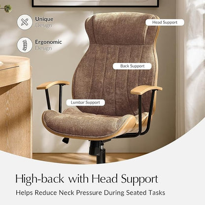 HULALA HOME Solid Wood Office Chair with Tilt Function, Mid Century Modern Bentwood Desk Chair with High Backrest, Height Adjustable Swivel Fabric Computer Task Chair, Camel