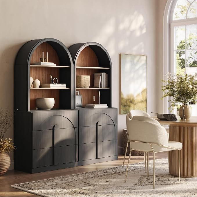 BELLEZE Set of 2 71" Tall Storage Cabinet with 3 Drawers, Wooden Sideboard Buffet Cabinet with Hutch for Pantry and Kitchen Organizing, 5-Tier Modern Storage Unit for Living Room Home Office, Ebony