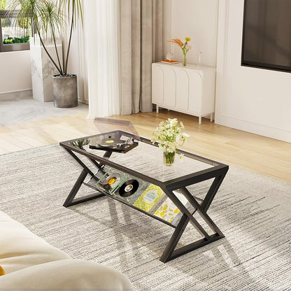 Wolawu Glass Coffee Table Living Room Table with Storage Shelf, Black Glass Table Simple Modern Rectangular Tables with Sturdy Black Metal Frame,Industrial Glass Coffee Table for Bedroom Home Office