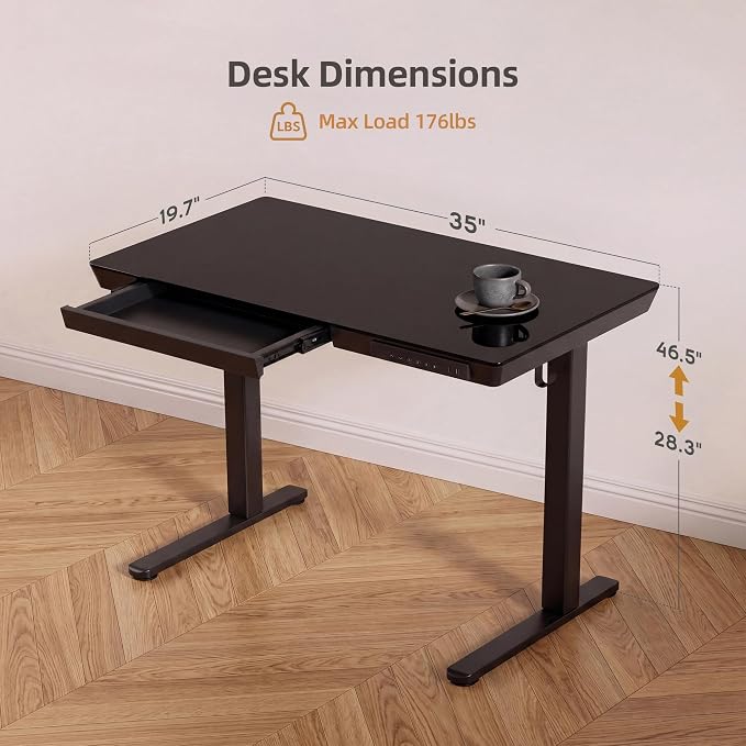 INNOVAR 35" Small Glass Standing Desk with Drawers & USB Ports, Whole-Piece Glass Top Adjustable Height Desks, Quick-Install Electric Sit-Stand Up Desk for Home Office & Computer Workstation, Black