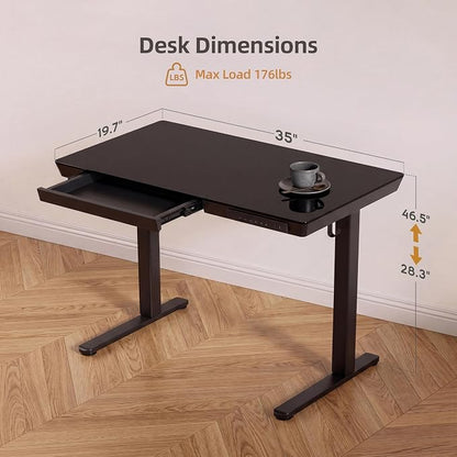 INNOVAR 35" Small Glass Standing Desk with Drawers & USB Ports, Whole-Piece Glass Top Adjustable Height Desks, Quick-Install Electric Sit-Stand Up Desk for Home Office & Computer Workstation, Black
