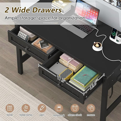 YOMILUVE Farmhouse Computer Desk with 2 Drawers, 39 Inch Small Black Computer Desk with Power Outlets, Home Office Desk Compact Writing Study Table for Small Spaces