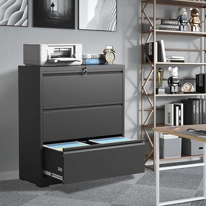 File Cabinets 3 Drawer,Metal Office Storage Filing Cabinet with Lock,Black Lateral Filing Cabinet for Home Office,Horizontal Locking File Cabinets for Legal/Letter/A4 Files,Assembly Required