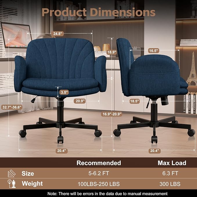 Vonesse Criss Cross Office Chair with Wheels & Armrests, Height Adjustable Vanity Chair, Makeup Chairs with Side Pockets Design, Comfortable Computer Desk Chairs for Home (Linen Fabric,Blue)