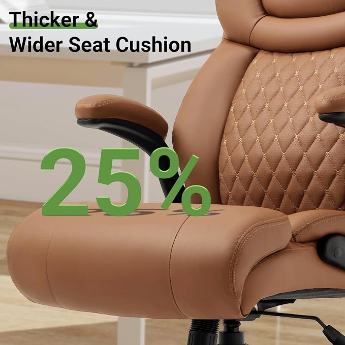 Office Chair, Big and Tall Executive Chairs with Lumbar Support for Back Pain, Breathable Desk Computer Chair with Adjustable Flip-up Armrests,Wide Cushion Swivel Home Office Chair Black,Brown PU