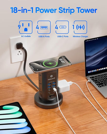 Power Strip Tower, PD 65W USB Charging Tower, kakyanill Surge Protector Tower 9 AC Outlets 8 USB (4 USB C), 6 Ft Retractable Extension Cord, Charging Station for Office Dorm Room, Black