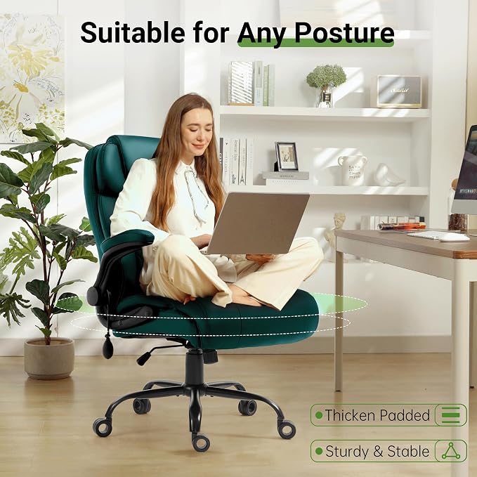 Office Chair, Big and Tall Executive Chairs with Lumbar Support for Back Pain,Breathable Desk Computer Chair with Adjustable Flip-up Armrests,Wide Cushion Swivel Home Office Chair Green PU