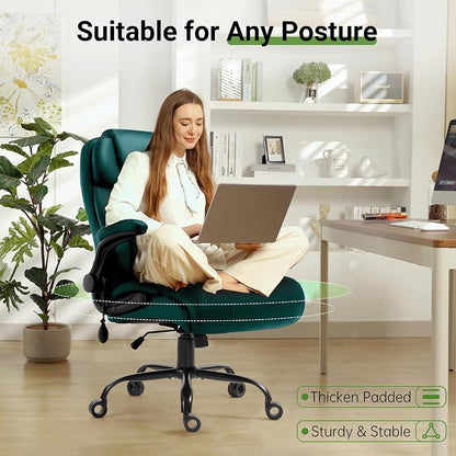 Office Chair, Big and Tall Executive Chairs with Lumbar Support for Back Pain,Breathable Desk Computer Chair with Adjustable Flip-up Armrests,Wide Cushion Swivel Home Office Chair Green PU
