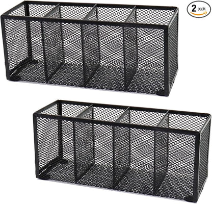 2PCS Black Mesh Pen Pencil Holder, Metal Desk Organizer Desktop Stationery Office Supplies Acessories Storage Stand, 4 Compartments Brushes Holder for Home School Classroom Teachers