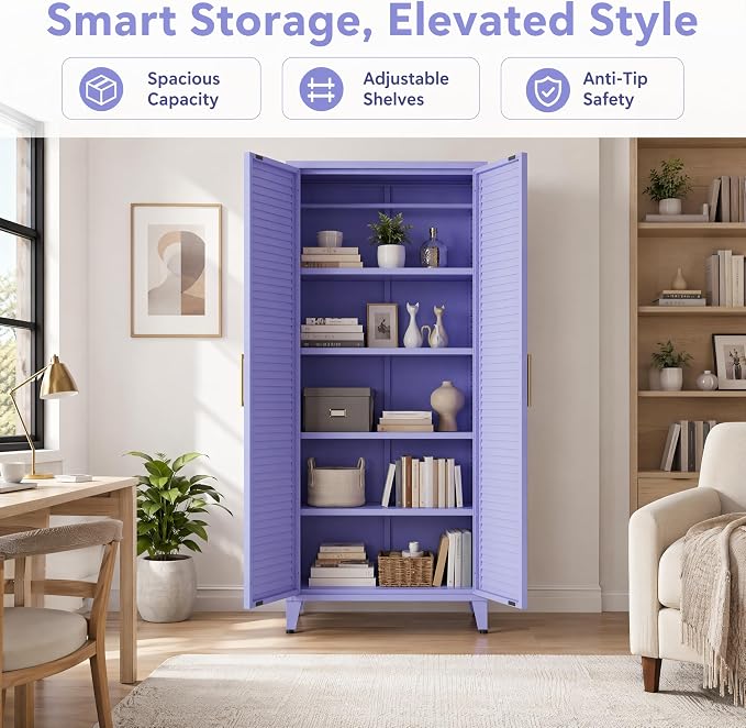 61" Tall Metal Pantry Cabinet with Lock and 3 Adjustable Shelves,Freestanding Heavy Duty steel Storage Locker,Purple Metal Cabinets for Kitchen,Living Room,Laundry,Garage,61" H X 27.6" W X 13.8" D