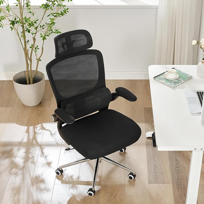 Ergonomic Office Chair,Home Mesh Office Desk Chairs,High Back Chair 330 LBS,Swivel Computer Task Chair with Adjustable Lumbar Support,Up&Down Flip-Up Arms,Rocking Function (Black)