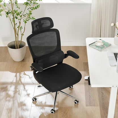 Ergonomic Office Chair,Home Mesh Office Desk Chairs,High Back Chair 330 LBS,Swivel Computer Task Chair with Adjustable Lumbar Support,Up&Down Flip-Up Arms,Rocking Function (Black)