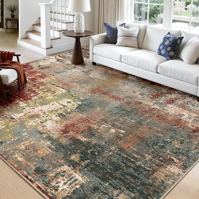 RELEANY Washable Area Rugs Square 10ft Non-Slip Modern Abstract Soft for Living Room Entryway Bedroom Kitchen, Print Pattern, Brown Rust Red Green Blue Multi