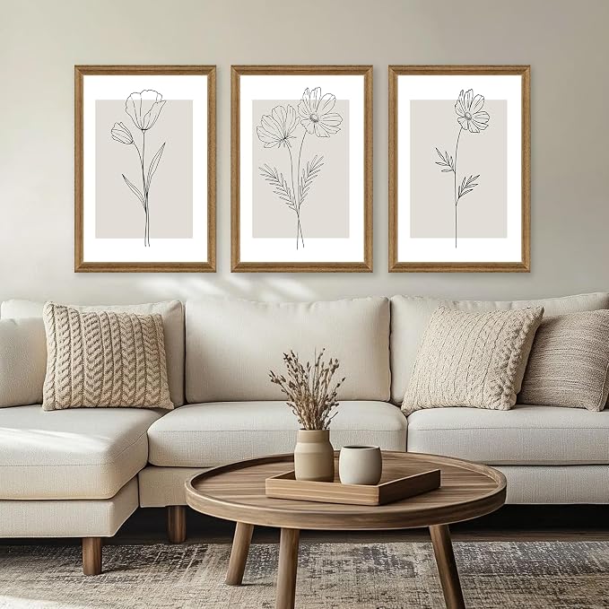 ICHZUMW Neutral Botanical Floral Wall Art, Black and White Farmhouse Flowers Wall Decor, Modern Minimalist Line Art Canvas Prints, Beige Artwork, Living Room Bedroom Home Office, Set of 3, 20x30in