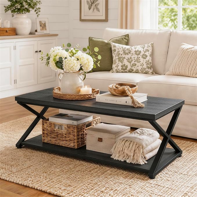Coffee Table for Living Room, 2 Tier Rectangular Tea Table, Industrial Center Table forBedroom Home Office, Black,47 Inch