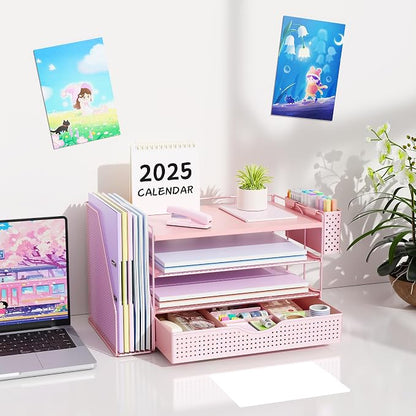 gianotter Wood Desk Organizers and Accessories with File Holder, 4-Tier Desk Accessories & Workspace Organizers with Drawer and Pen Holder, Desk Reference Organizer (Pink, 4T with Drawer)
