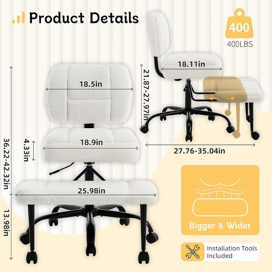 Criss Cross Legged Office Chair with Wheels,Swivel Meditation Chair for ADHD,Ergonomic Desk Chair with Thicken Adjustable Footstool,Fabric Sitting Fidgeting Kneeling Chair for Home Yoga Offwhite