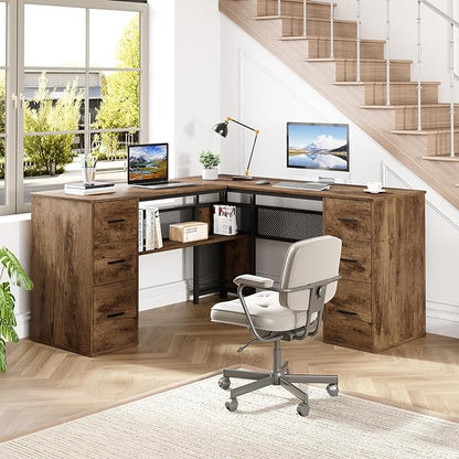 HSH L Shaped Computer Desk with File Drawers, Large Metal Wood L Shape Table with Storage Cabinet Shelves, Reversible Corner Home Office Executive Writing Study Workstation Desk, Rustic Brown, 59 Inch