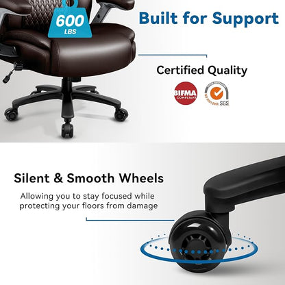 Big and Tall Office Chair 600LBS, Ergonomic Executive Desk Chair with Adjustable Lumbar Support & Flip-up Armrests, High Back Heavy Duty XL Computer Chair for Home Office, PU Leather, Brown
