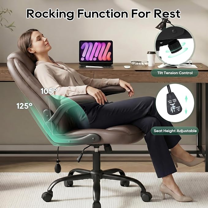 MALOL Leather Office Chair, Computer Desk Chair with Adjustable Lumbar Support, Thick Cushion, Flip-Up Arms and Ergonomic Back, Comfy Executive Office Chair for Home Office Gaming,Brown