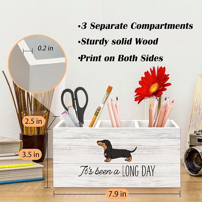 Dachshund Gifts Dog Pen Holder for Desk, Funny Dachshund Pencil Organizer, Gifts for DachshundLovers Owners, It's Been A Long Day Wooden Pen Holder Desk Accessories Decor for Home Office
