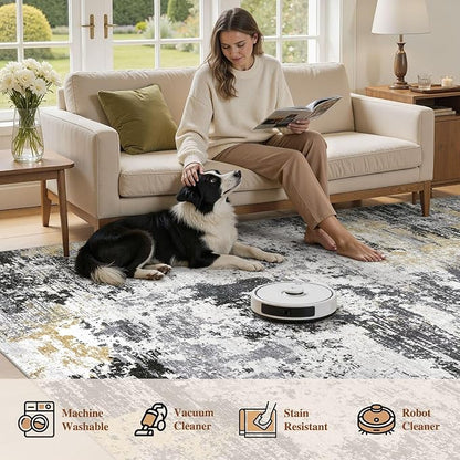 UERMEI 5x7 Area Rug for Living Room - Washable Neutral Modern Abstract Carpet, Non-Slip Soft Large Indoor Floor Rugs for Bedroom Home Office & Under Dining Table Decor, Black/White/Gold
