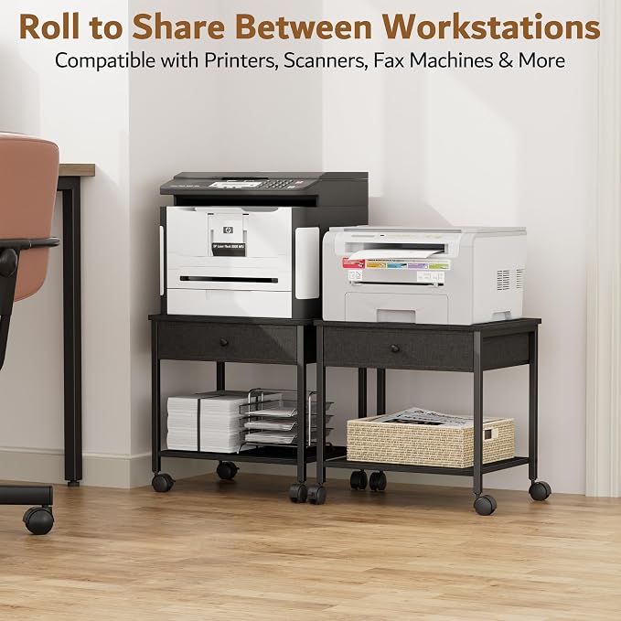 Homleke 2-Tier Under Desk Printer Stand with Drawer, Mobile Printer Table with Lockable Wheels, Heavy Duty Metal Frame & Wood Shelf, Fits Printers/Scanners/Fax Machines – Black, 15.7" Lx11.8 Wx15.7 H