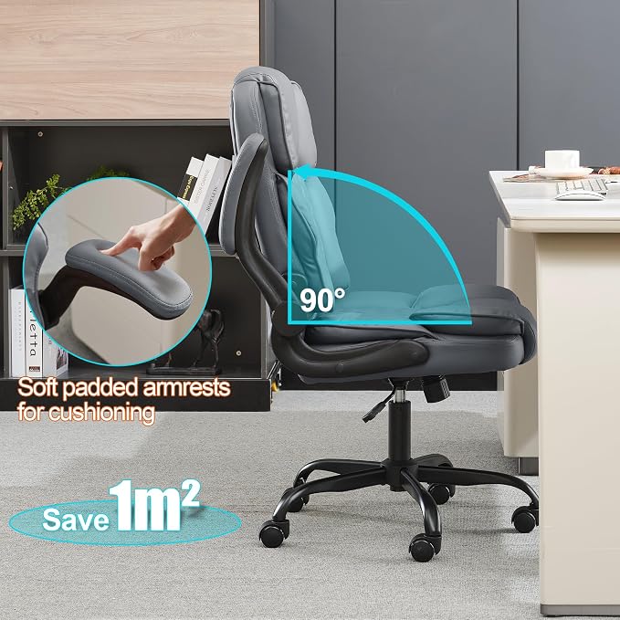 Office Desk Chair,Mid Back Executive Leather Chair,Ergonomic Home Computer Chair,Modern Conference Room Chairs with Adjustable Flip-Up Arms and Rocking Function (Grey)