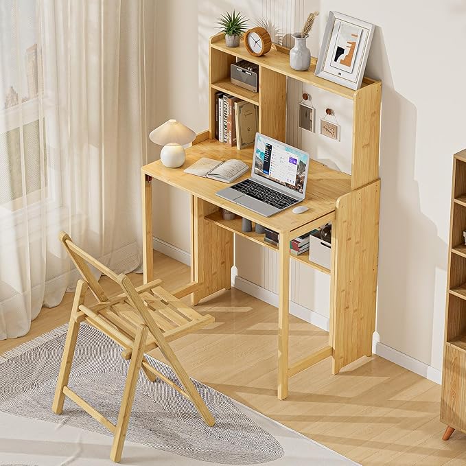 Bamboo Folding Desk with Bookshelf, Compact Computer Desk with Hutch for Small Spaces, Foldable Desk with Storage Shelf, Space-Saving Home Office Desk for Bedroom, Dorm, Apartment,Natural