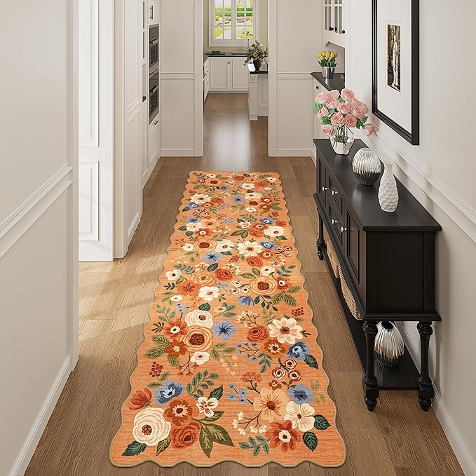 DUKINO 2x10 Runner Rug for Hallway, Washable Kitchen Rug with Non Slip Backing & Non-Shediing, Soft Low Pile Floral Design Runner for Bedroom, Kithchen, Living Room, Laundry, Bathroom, Orange
