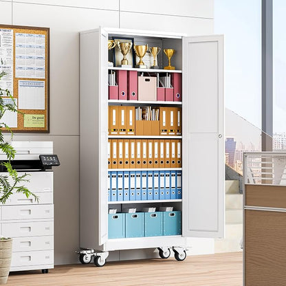 winiowa 75" Tall Metal Garage Storage Cabinet with Wheels, Steel Locking Rolling Tool Cabinet with 5 Adjustable Shelves for Garage,Home,Office (White)