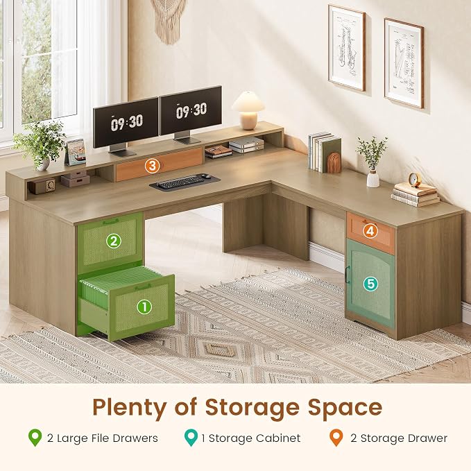 SEDETA 63" Rattan L Shaped Desk with Drawers, Farmhouse Corner Computer Desk, Wood Office Desk with File Drawers with Storage, Executive Desk with Monitor Stand and Storage Cabinet, Oak