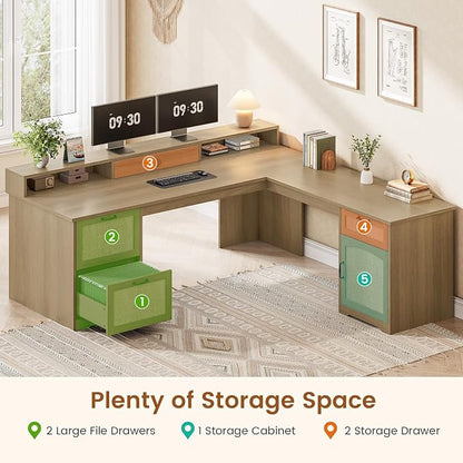 SEDETA 63" Rattan L Shaped Desk with Drawers, Farmhouse Corner Computer Desk, Wood Office Desk with File Drawers with Storage, Executive Desk with Monitor Stand and Storage Cabinet, Oak