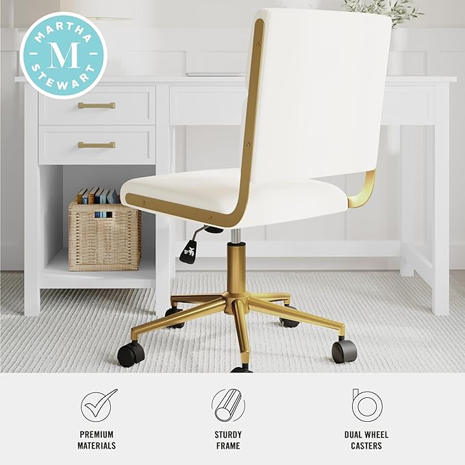 Martha Stewart Lulu Swivel Task Chair with Height Adjustable Seat for Home Office in Off White Faux Leather with Polished Brass Frame
