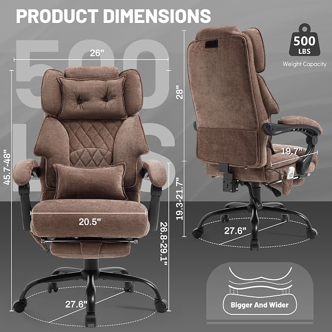 Massage Office Chair with Foot Rest,6 Points Vibration & Heat Executive Office Chairs,Ergonomic Fabric Desk Chair for Heavy People,Big and Tall Office Chair 500LBS,Recliner with Dual-Use Pillow,Brown