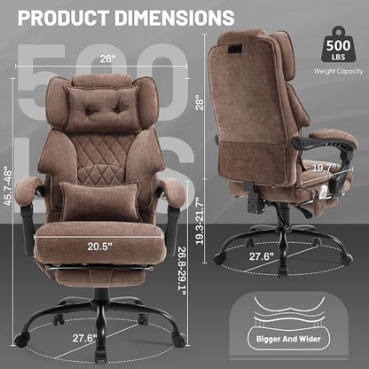 Office Chair with Foot Rest,3D Kneading Massage & Heat Executive Office Chairs for Heavy People,500LBS Big and Tall Office Chair,Ergonomic Reclining Desk Chair,Dual-Use Pillow,Home Office,BrownCloth