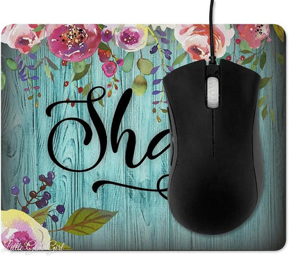 Custom Designed Mousepad with Your Name – You pick the Font – Personalized with Name, Initial or Monogram – Watercolor Floral Rustic Wood Design - 7.75" x 9.25" x .10"