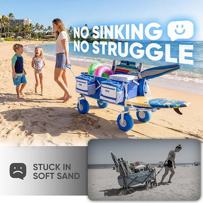 Sekey Heavy Duty Beach Wagon with 9" Big Sand-Proof Wheels, 300L Oversized Foldable Beach Cart with Cooler| Adjustable Handle & Balloon Tires for Sand, Camping,Vacation