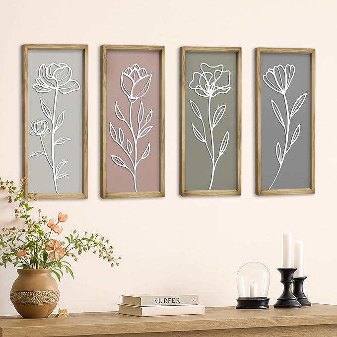 3D Floral Bathroom Wall Decor, Set of 4 Wooden Framed Home Decor | Boho Botanical Wall Hanging Art, Modern Farmhouse Style, Bedroom, Living Room, Kitchen, Office Accent, Housewarming Gift