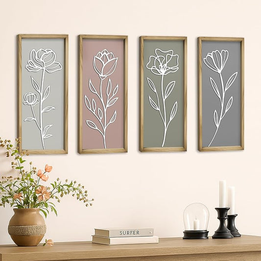 3D Floral Bathroom Wall Decor, Set of 4 Wooden Framed Home Decor | Boho Botanical Wall Hanging Art, Modern Farmhouse Style, Bedroom, Living Room, Kitchen, Office Accent, Housewarming Gift