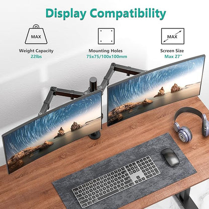 WALI Dual Monitor Stand for Desk, Dual Monitor Mounts for 2 Monitors up to 27 inch, 2 Monitor Desk Mount Holds up to 22 lbs, Height Adjustable Swivel Tilt Rotation, 75x75/100x100mm (M002), Black