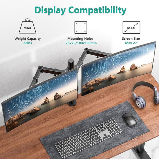 WALI Dual Monitor Stand for Desk, Dual Monitor Mounts for 2 Monitors up to 27 inch, 2 Monitor Desk Mount Holds up to 22 lbs, Height Adjustable Swivel Tilt Rotation, 75x75/100x100mm (M002), Black