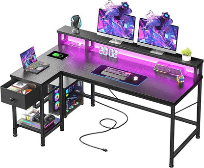 DurayLoly 48" L- Shaped Gaming Desk with LED Lights & Power Outlet,Gaming Desk with Monitor Stand for Gamer,Home Office Desk with Drawer for Student Study Room,Bedroom,Small Working Room,Black