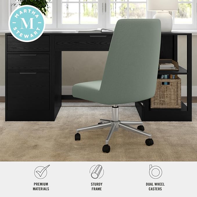 Martha Stewart Maeve Swivel Task Chair with Height Adjustable Seat for Home Office in Sage Fabric with Polished Nickel Frame