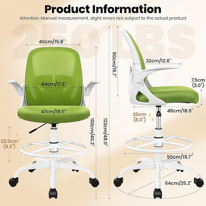 Primy Drafting Chair Tall Office Chair with Flip-up Armrests Executive Ergonomic Computer Standing Desk Chair with Lumbar Support and Adjustable Footrest Ring (Green)