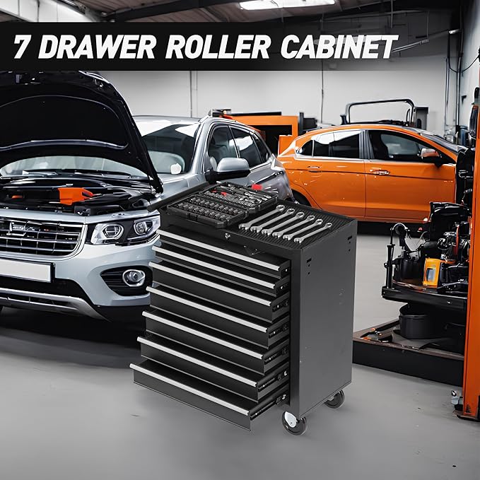 RYH 7 Drawers Rolling Tool Chest & Tool Box on Wheels | Heavy Duty Metal Cart with Ball Bearing Drawers | Fits US General Tool Box for Garage Storage (Black, 7 Drawers（29.6" H × 24.4" W × 13" D)