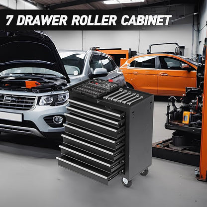 RYH 7 Drawers Rolling Tool Chest & Tool Box on Wheels | Heavy Duty Metal Cart with Ball Bearing Drawers | Fits US General Tool Box for Garage Storage (Black, 7 Drawers（29.6" H × 24.4" W × 13" D)